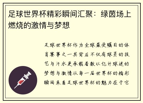 足球世界杯精彩瞬间汇聚：绿茵场上燃烧的激情与梦想